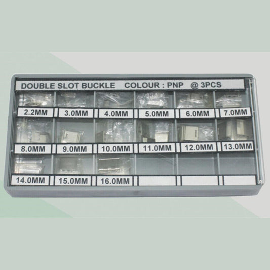 Silver double slot clip buckle for metal watch bands, fits 2.2-16mm straps, 45PCS/box.