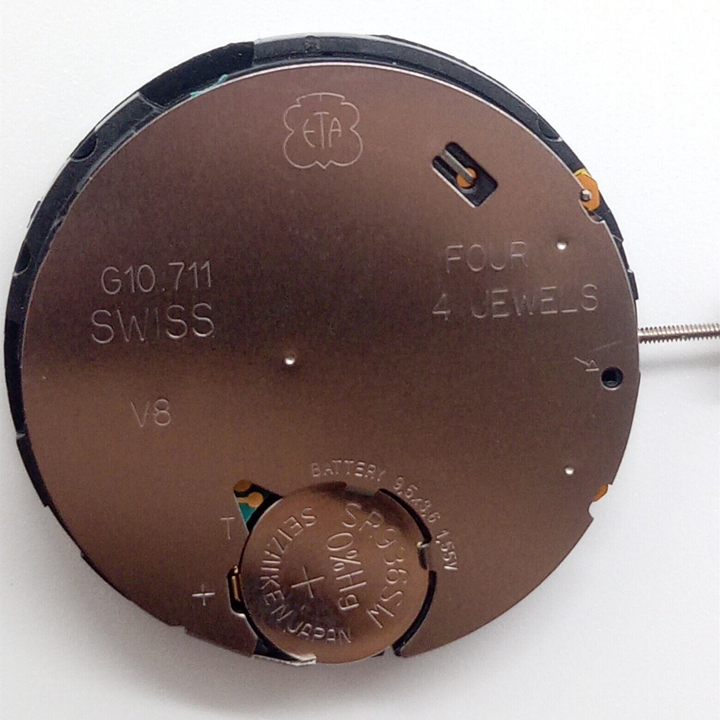 ETA G10.711 Swiss quartz watch movement with 3 hands and date at 4 o'clock, precision timekeeping.