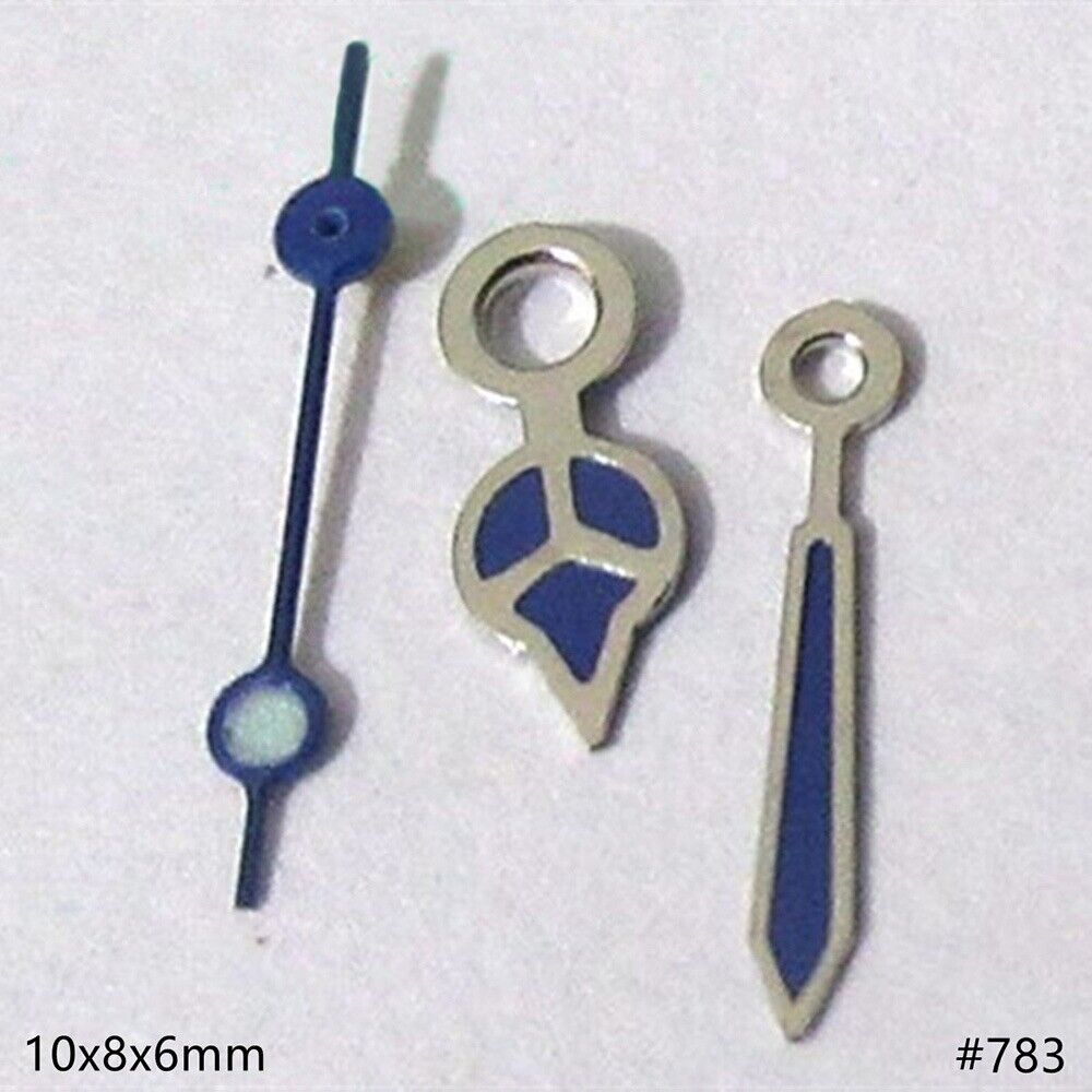 Blue painted silver trim watch hands with green lume for Miyota 2035/2115/2105/2305 movements.
