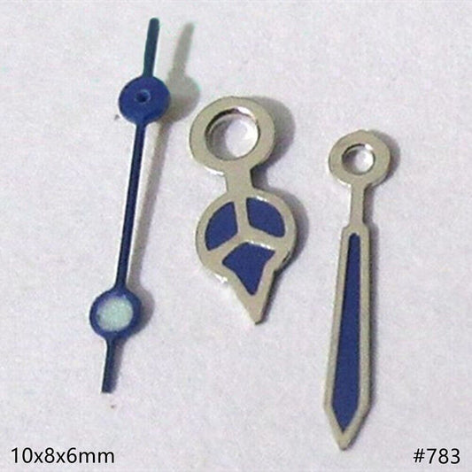 Blue painted silver trim watch hands with green lume for Miyota 2035/2115/2105/2305 movements.