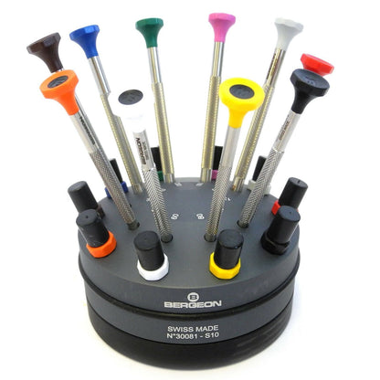 Bergeon 30081-S10 ergonomic watchmakers screwdrivers set with rotating stand for precise watch accessory repairs.