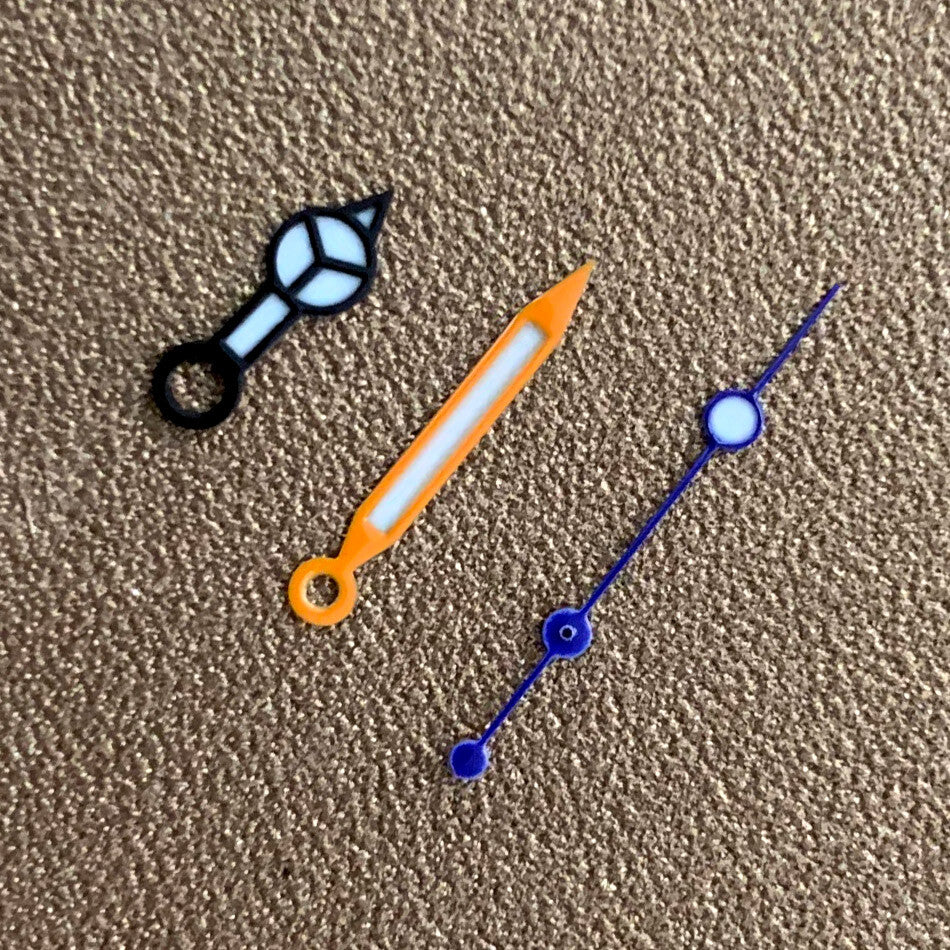Blue luminous watch hands set for NH35 NH36 movement featuring lightning-style second hand, perfect for watch repairs and upgrades.