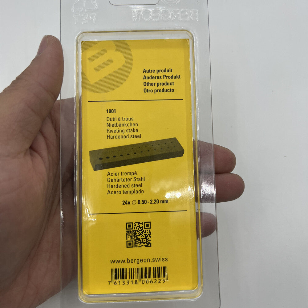 Bergeon 1902 steel staking block for precise riveting in watch repairs and accessories.