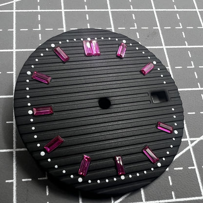 Schwarzes Zifferblatt mit pinkem Achahmer Edelstein f�r Seiko H35 Uhrwerk, 29.8mm Durchmesser