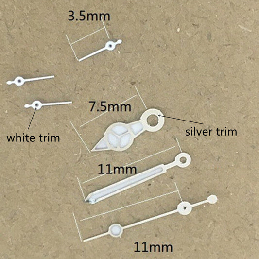 Aiguilles de montre luminescentes vertes blanches et argentées de 11 mm pour mouvement VD53, VD54 et VD57