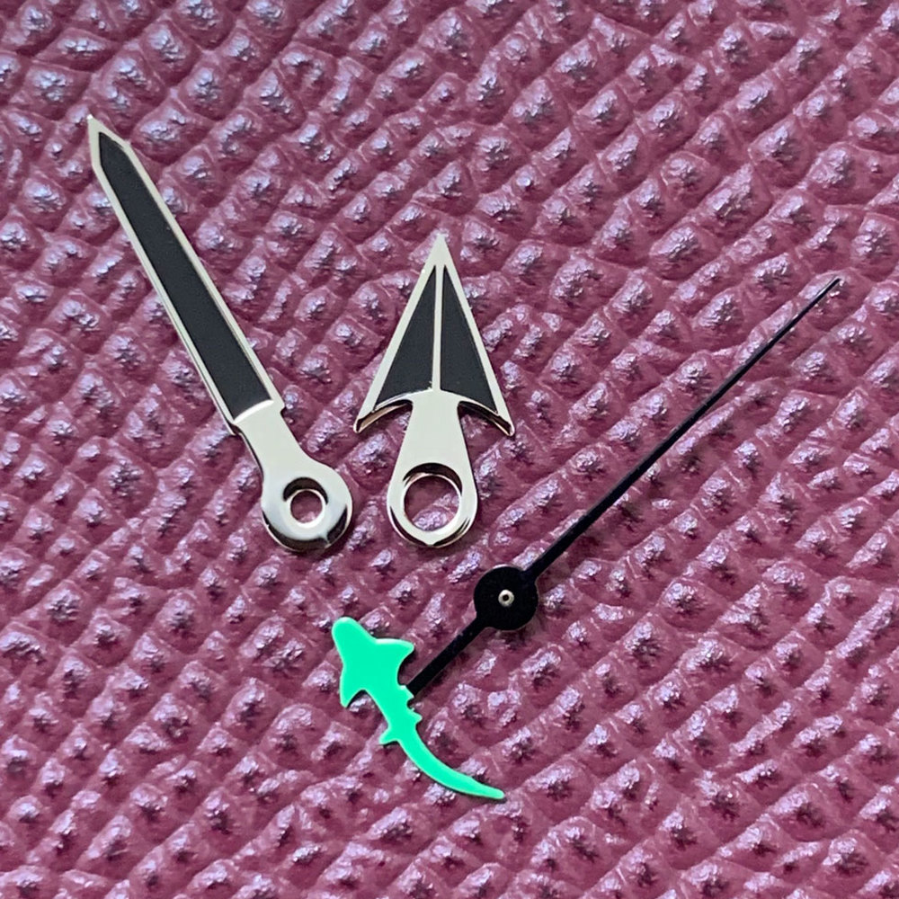 Black watch hands set featuring Turtle and Fish second hand for NH35/NH36/4R36 movements.