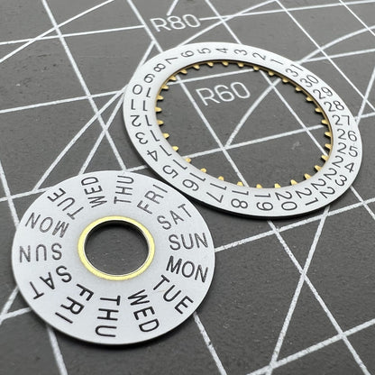 Pilot white date disk and week wheel by Generic for ETA 7750 watch movement, precise calendar parts.