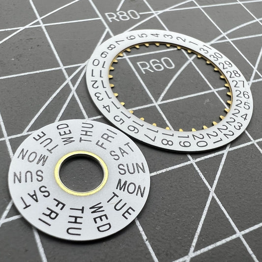 Pilot white date disk and week wheel by Generic for ETA 7750 watch movement, precise calendar parts.
