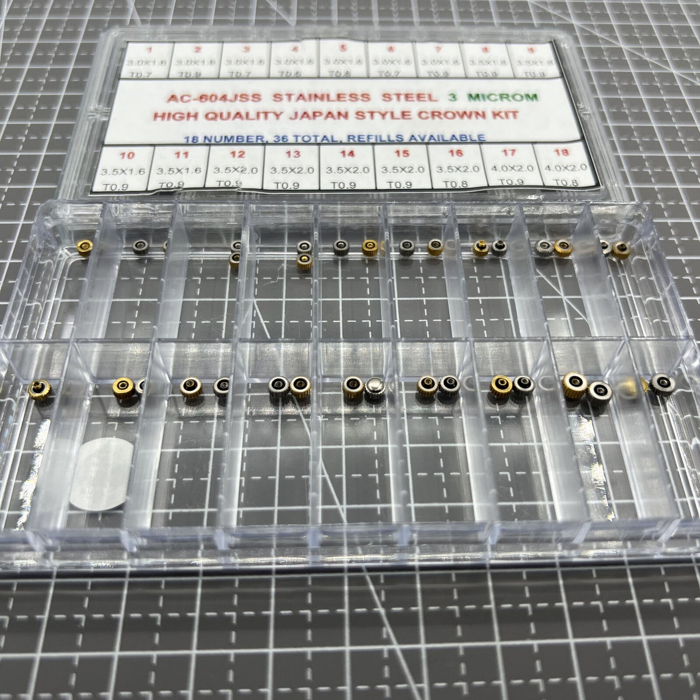 Stainless steel watch crown kit with 36 Japan-style pieces for precise watch repairs.