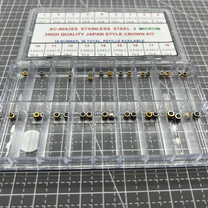 Stainless steel watch crown kit with 36 Japan-style pieces for precise watch repairs.
