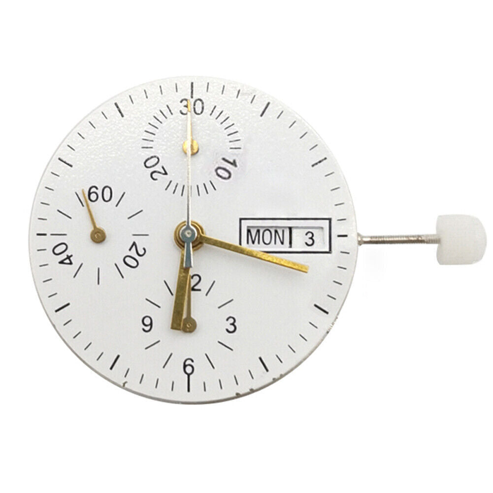 Close-up of Asian 7750 automatic chronograph movement showing day-date display at 3 o'clock, precision ETA 7750 style.