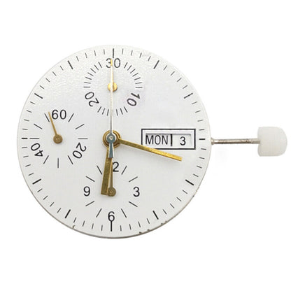 Close-up of Asian 7750 automatic chronograph movement showing day-date display at 3 o'clock, precision ETA 7750 style.