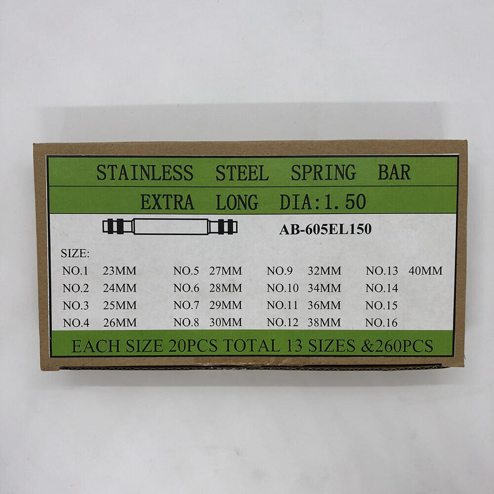 Set of 260 AB-605EL150 stainless steel extra long spring bars, 1.5mm diameter for secure watch strap attachment.
