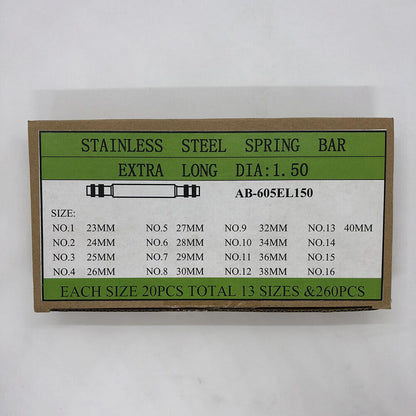 Set of 260 AB-605EL150 stainless steel extra long spring bars, 1.5mm diameter for secure watch strap attachment.
