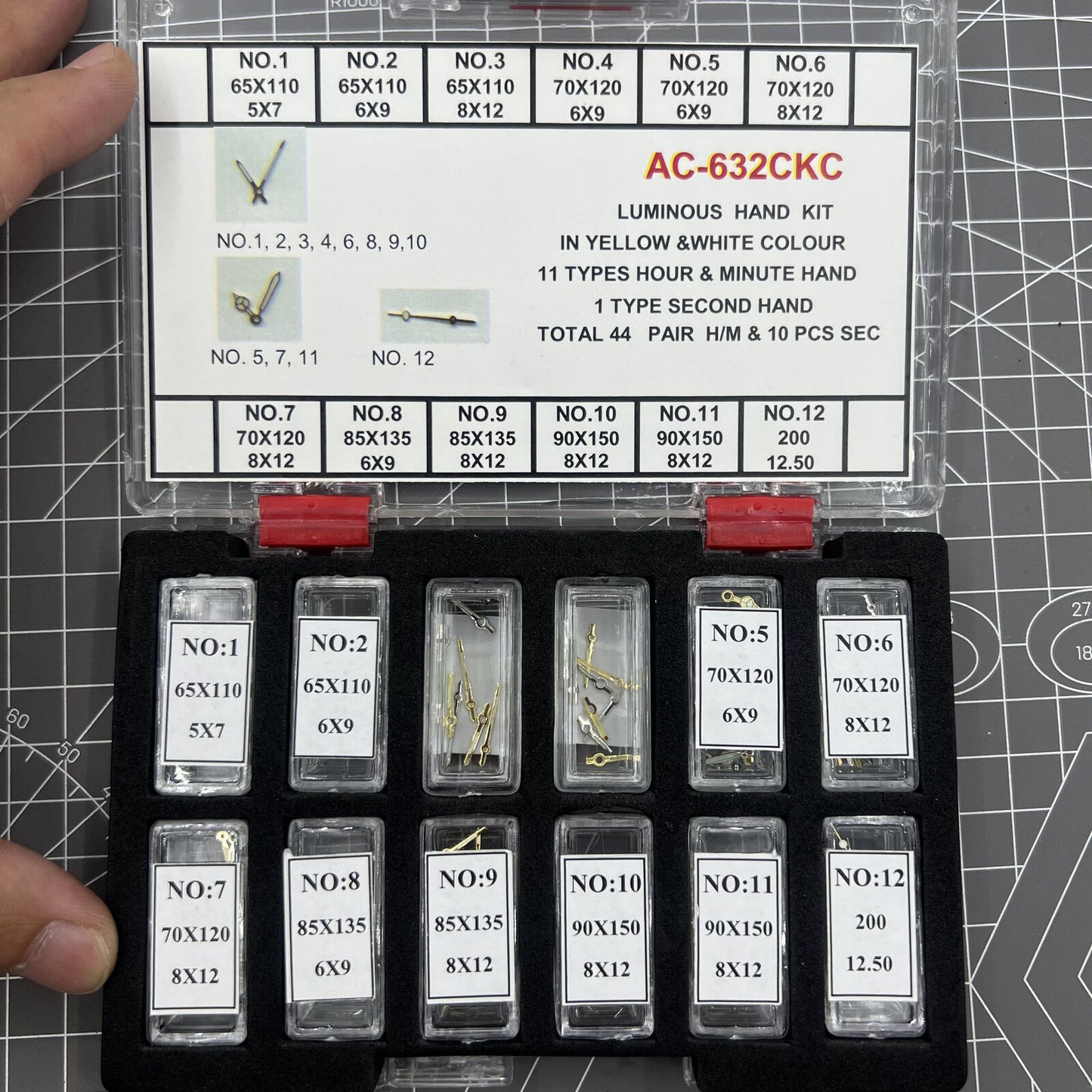 Golden and white luminous watch hands set for hour, minute, and second by 44Sets, ideal for watch repairs and customization.