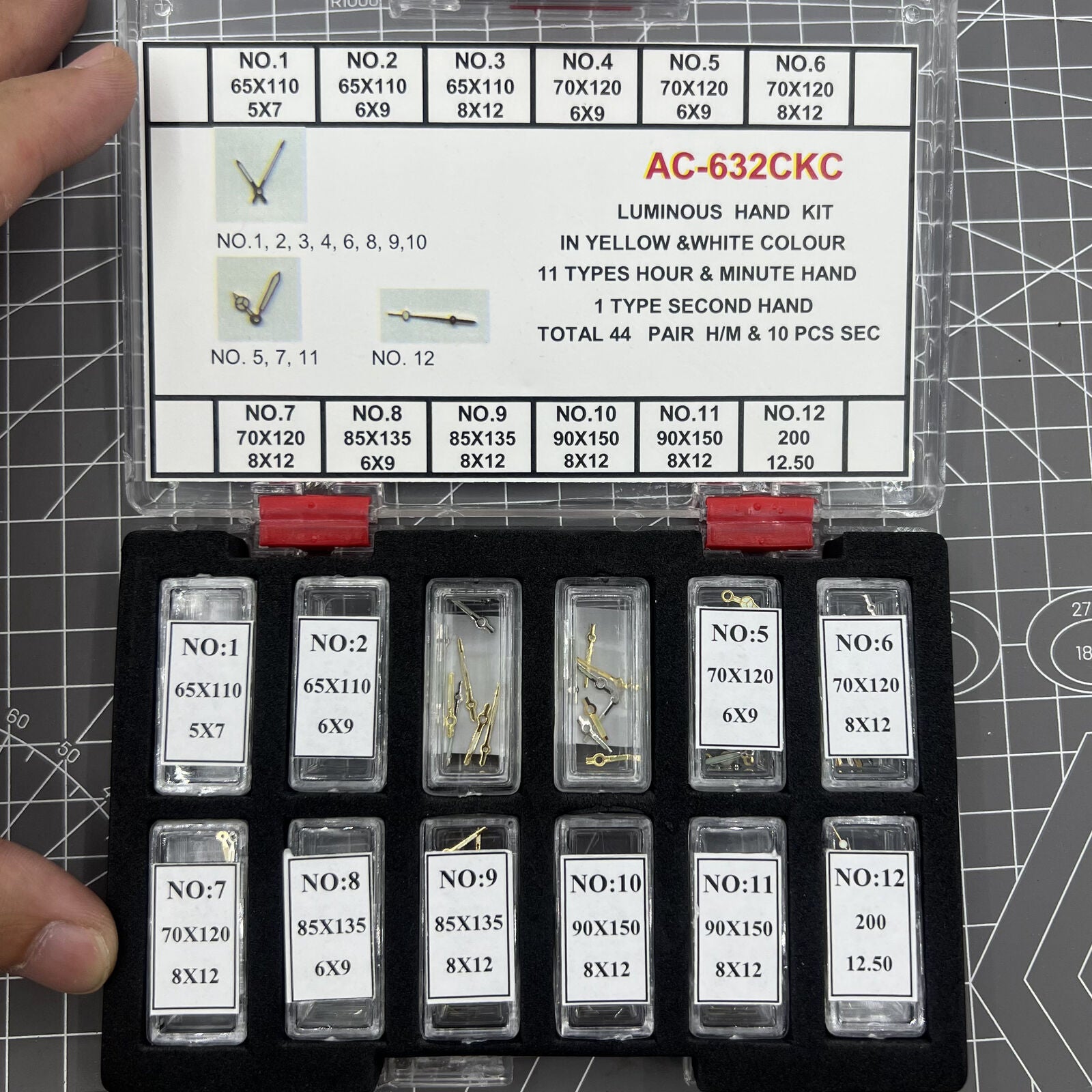 Golden and white luminous watch hands set for hour, minute, and second by 44Sets, ideal for watch repairs and customization.