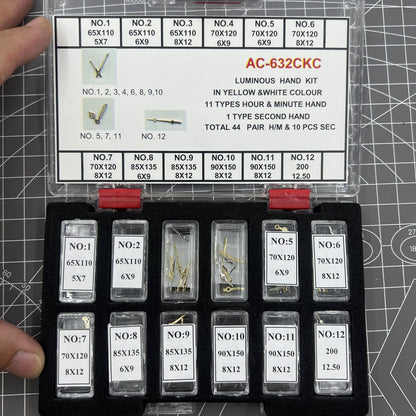 Golden and white luminous watch hands set for hour, minute, and second by 44Sets, ideal for watch repairs and customization.