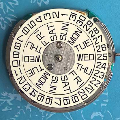 Swiss Made ESA9181 quartz watch part with silver finish, double calendar, and 3 hands for watch repair.