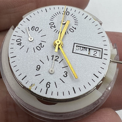 Asian 7750 automatic chronograph movement with day-date at 3 o'clock, precise ETA 7750 design.