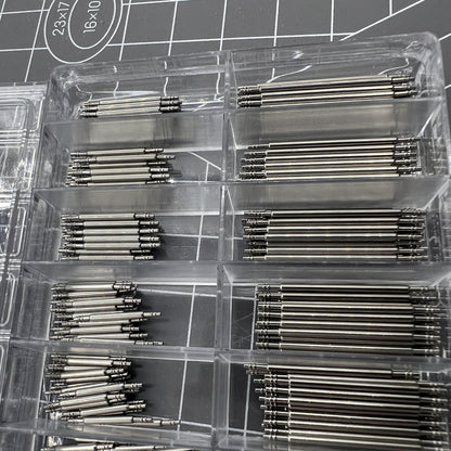 Double flange stainless steel watch spring bars set, 18 sizes, 360 pieces for watch repairs and adjustments.