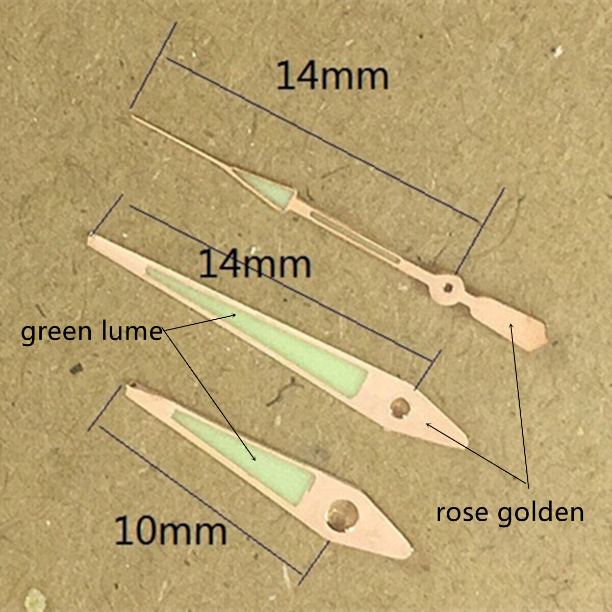 Rose Golden Trim Arrow Shape Green Luminous Watch Hands for ISA 2331, precise timekeeping accessory.