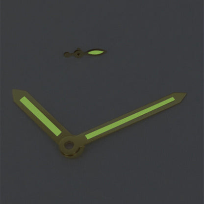 Golden trim green luminous watch hands designed for ST3600 movement, adding clarity and elegance.