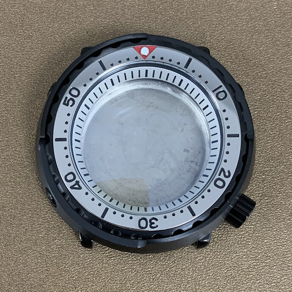 45mm PVD black stainless steel watch case with ceramic ring and mineral glass, compatible with NH35 movement.