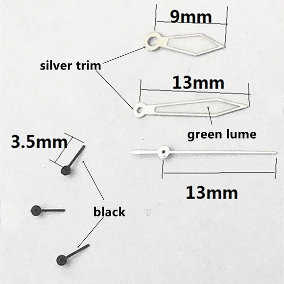 13mm Silver Trim Green Lume Watch Hands for Epson VD53 VD54 VD57 Movement