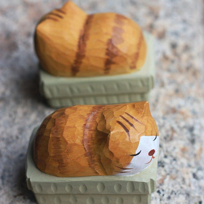 Handmade wooden cat figurine, decorative artwork by Brand New Cute, perfect for cozy home decor.