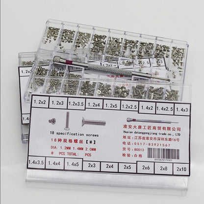 18-piece watch repair screws assortment for jewelry and glass fixing, ideal for precise watch accessory repairs.