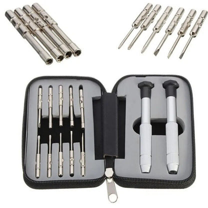 Precision screwdriver set with hex tools for watches and glasses repair, ergonomic grip.