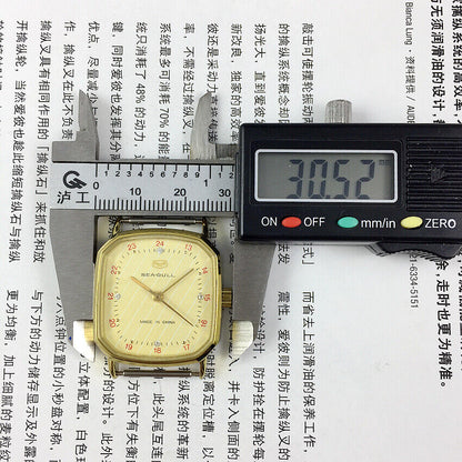 28mm Seagull ladies watch with golden square case and manual mechanical movement, elegant golden nail markers.