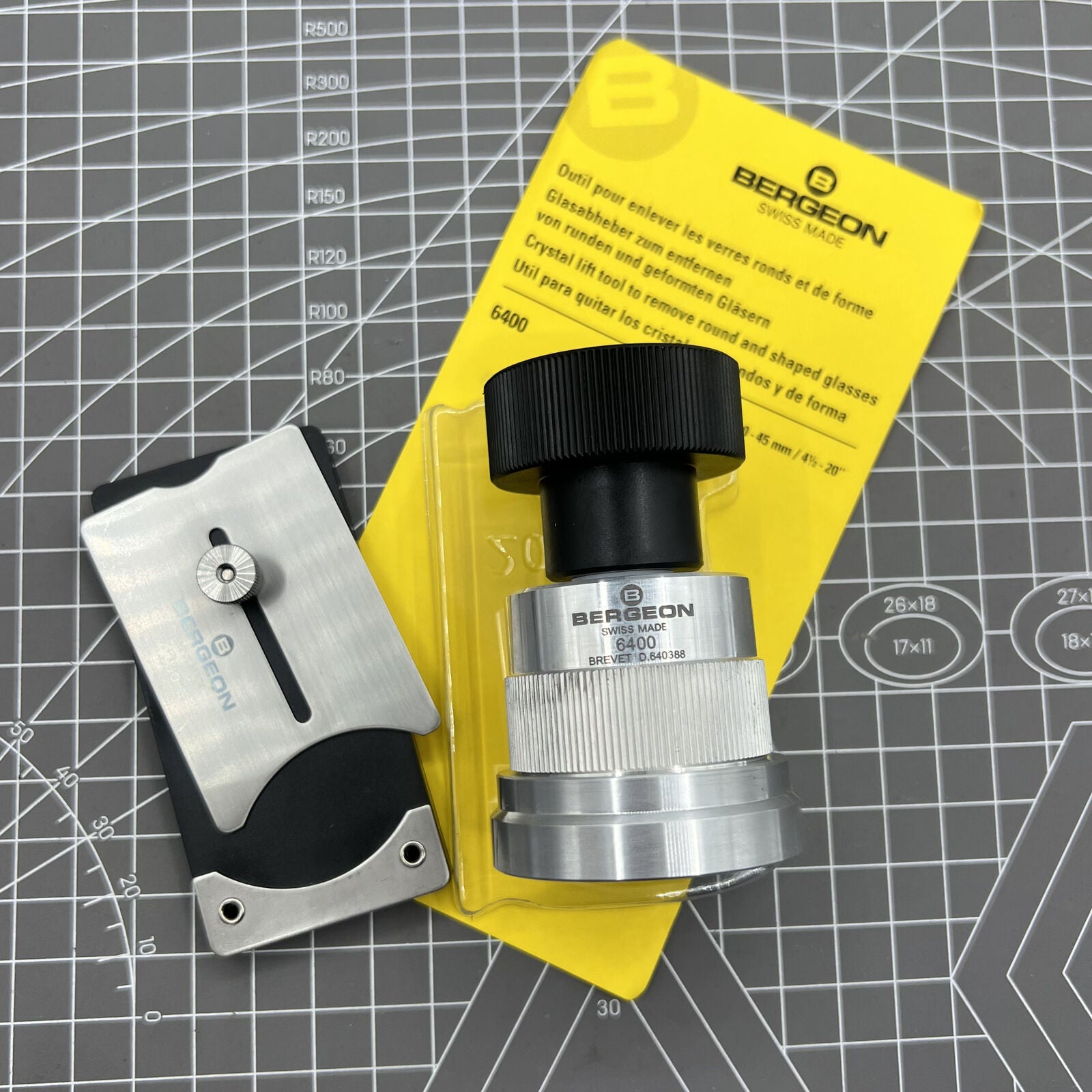 Swiss Bergeon 6400 crystal lift tool for precise watch crystal fitting and removal.