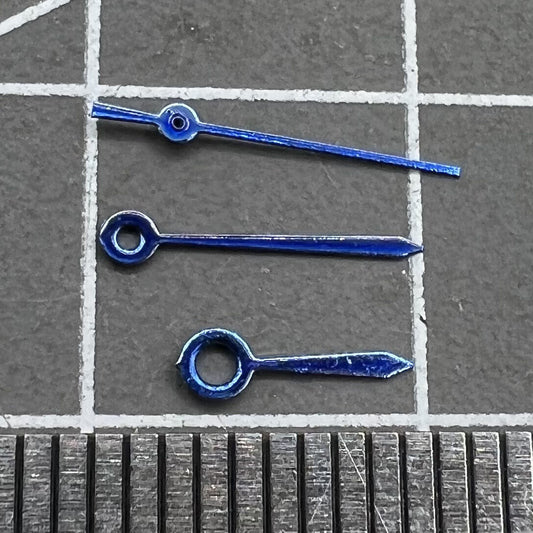 Blue 9mm arrow-shaped watch hands by Miyota, no lume, designed for quartz movement #3.