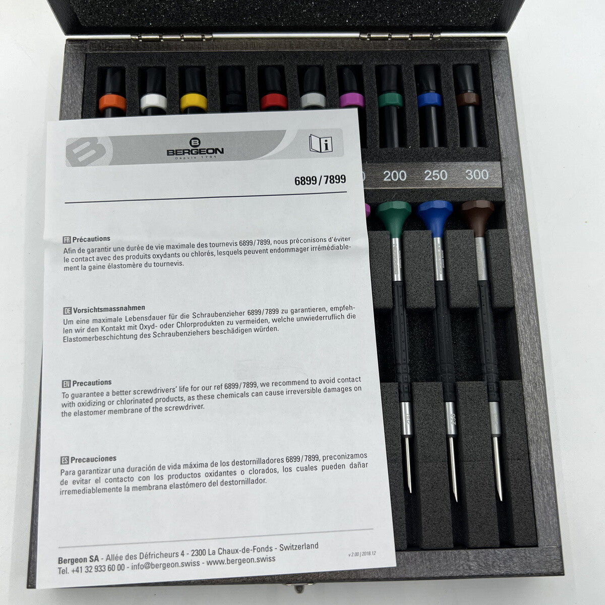 Bergeon 7899-A10 ergonomic screwdrivers set �0.50-3.00mm in wooden box for precise watch repair tasks
