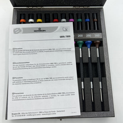 Bergeon 7899-A10 ergonomic screwdrivers set �0.50-3.00mm in wooden box for precise watch repair tasks