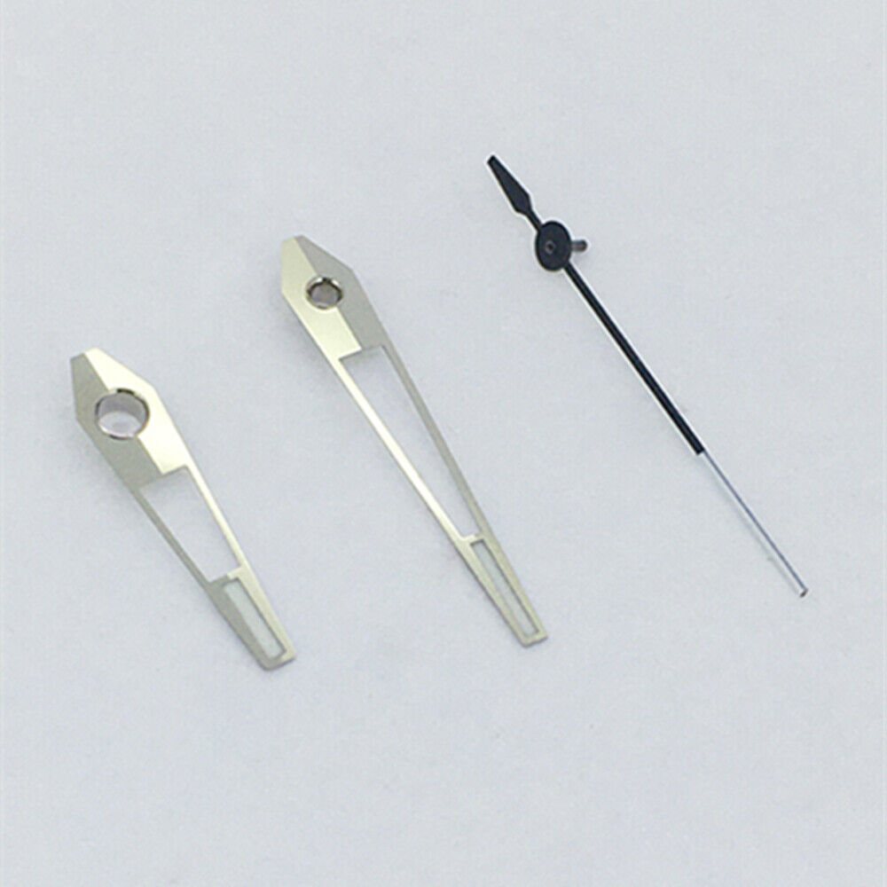 Green luminous watch hands with silver trim for Miyota 8N24 and China Made 8215/2813 movements.