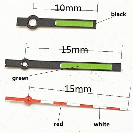 Black, red, and white trimmed watch hands with green lume for Ronda 515 quartz movement.