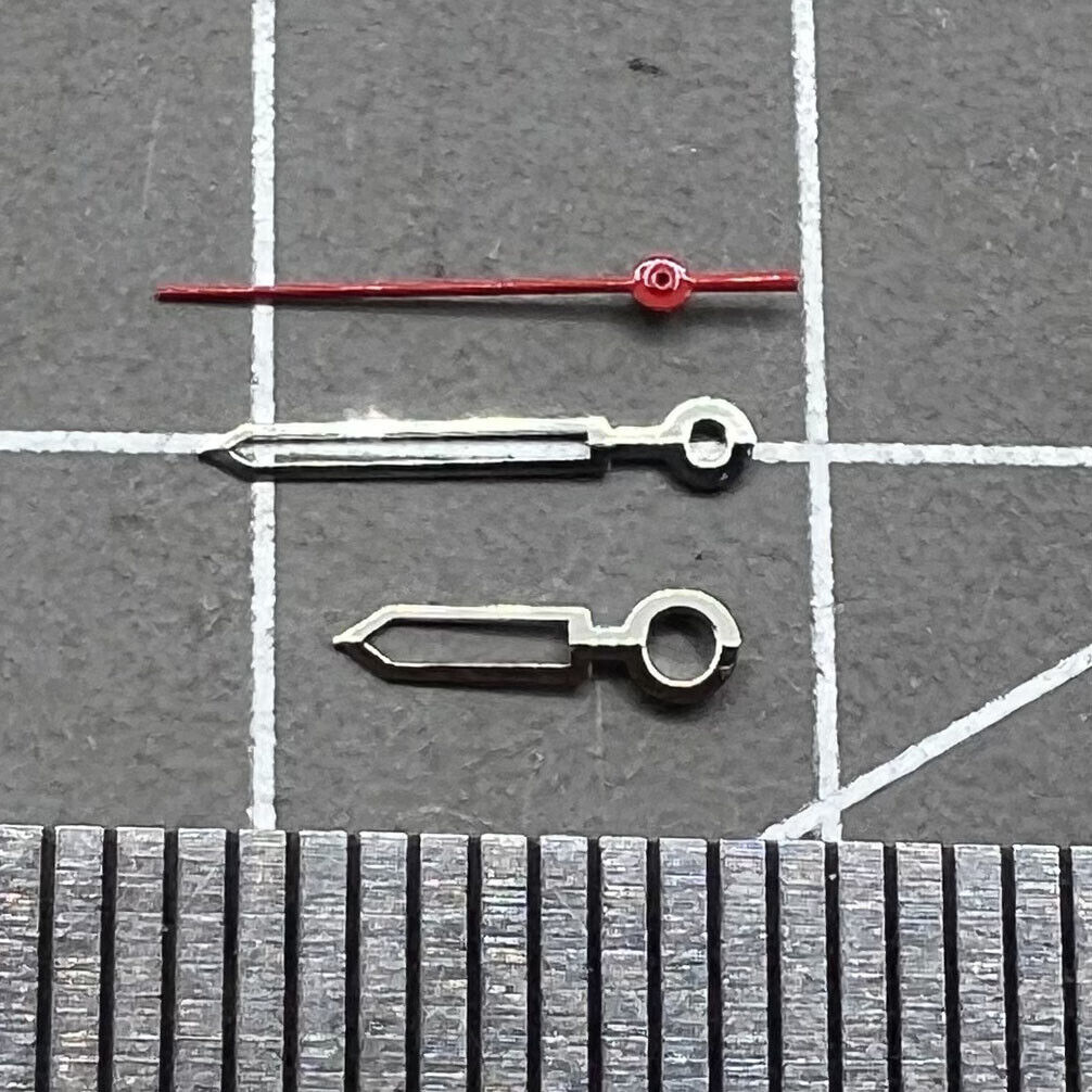 Red watch hands set in 16mm, 13mm, and 9mm sizes for Miyota 2035, precision fit.