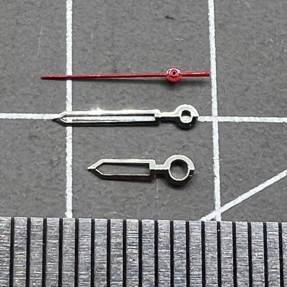 Red watch hands set in 16mm, 13mm, and 9mm sizes for Miyota 2035, precision fit.