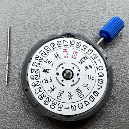 Seiki NH36 watch movement with white dial, featuring Japanese-English day display for precision timekeeping.