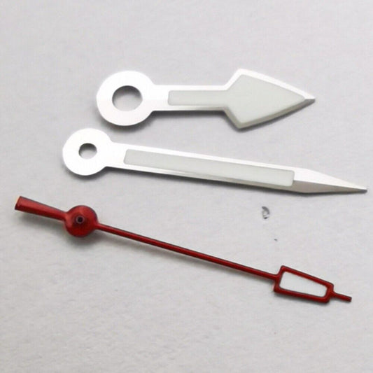 Arrow-shaped silver trimmed watch hands with red second hand and green lume for NH35 NH36 movements.