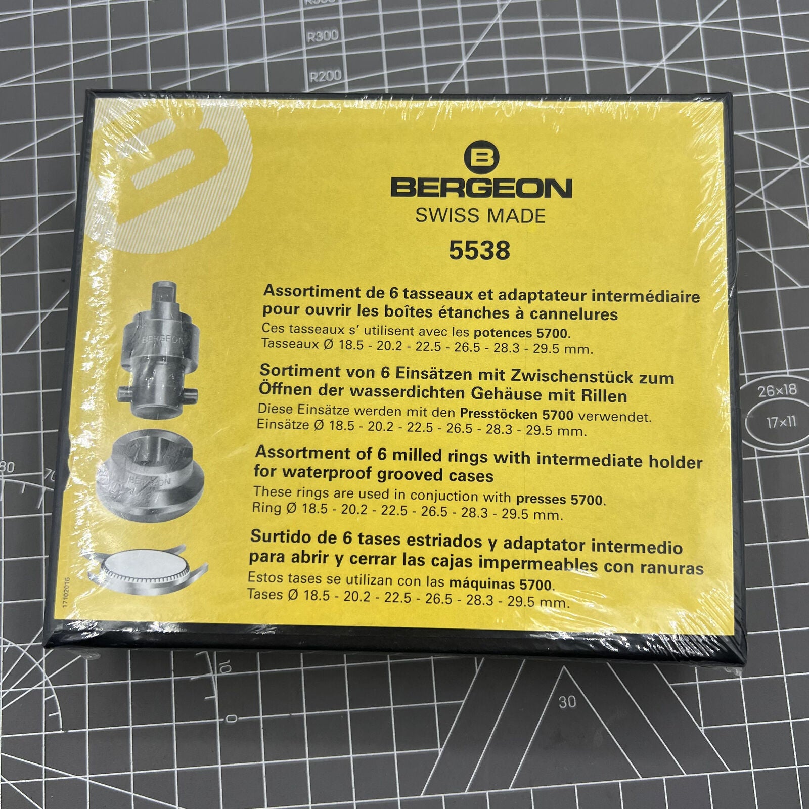 Bergeon 5538 6 Chucks with intermediate holder, precision tool for waterproof grooved watch cases.