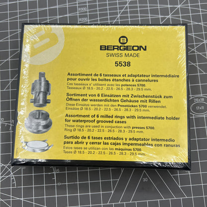 Bergeon 5538 6 Chucks with intermediate holder, precision tool for waterproof grooved watch cases.