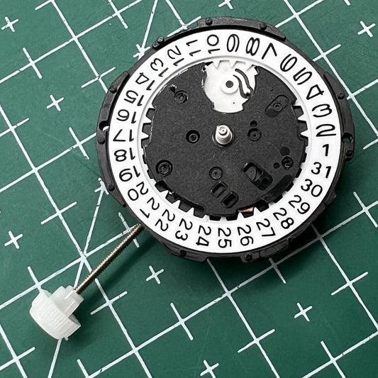 Sunon PE46 quartz watch movement with 2 hands, date display at 3 o'clock for precise timekeeping.