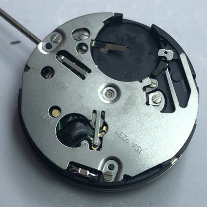 Swiss Made ISA 9231 quartz movement watch part with star moon phase at 6 for precise timekeeping.