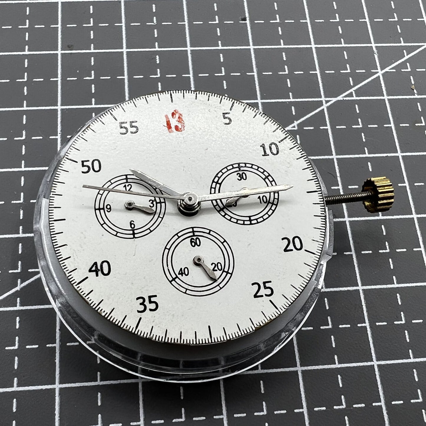 Dandong 7750 mechanical watch movement with small seconds at 3, 6, 9 o?clock, no calendar, high precision.