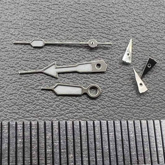 Set of 2 green lume arrow-shaped watch hands with silver trim for Miyota OS10, OS20, OS60, OS80 models.