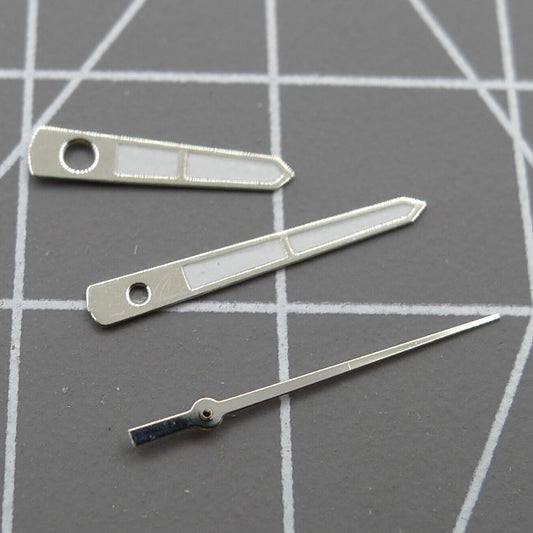 Arrow-shaped silver trim 12mm watch hands for Miyota 2315 and related movements, precise timepiece parts.