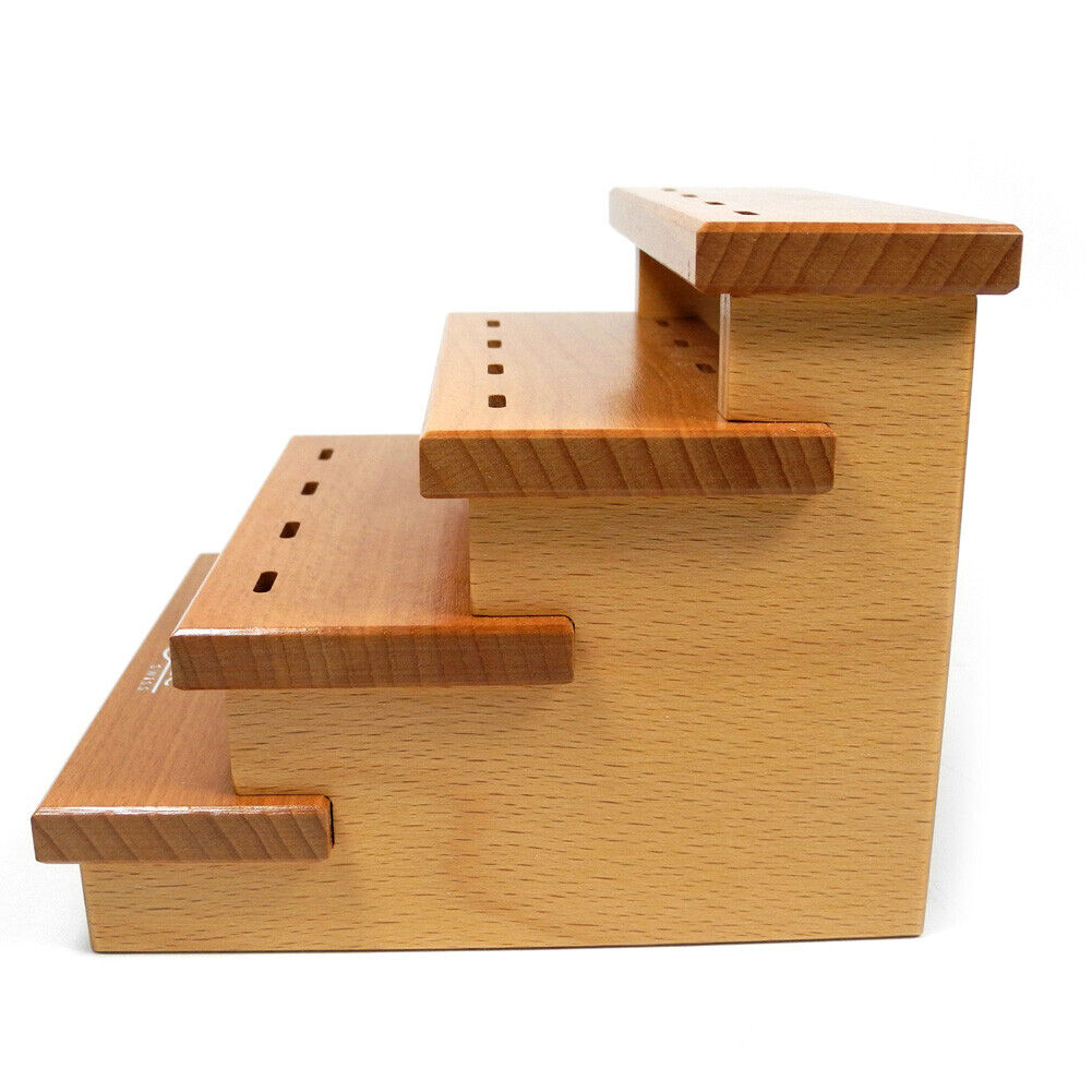 Swiss Horotec wooden storage rack organizing 12 precision tweezers for watch repair accessories.